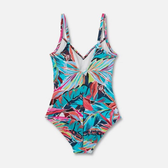 Women's UPF 50 Shirred V-Neck One Piece Swimsuit - Aqua Green® Multi Tropical L - Picture 4 of 7